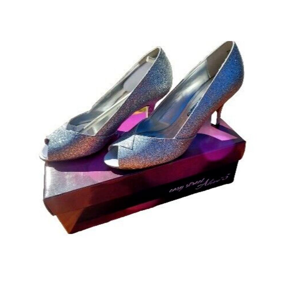 Easy Street Alive 5 Women’s Shoes 7.5 Silver Metallic Glitter Pump Heel Peep Toe